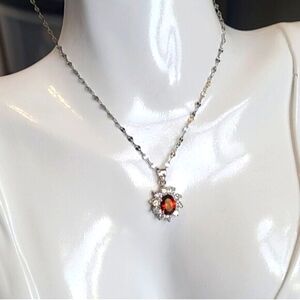 Vintage Sterling Silver Red Garnet Crystal CZ Royal Pendant Twist Chain Necklace